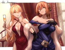 Rule 34 | 2girls, alcohol, alternate costume, alternate hairstyle, anniversary, bare shoulders, blonde hair, blue dress, breasts, brown hair, champagne, cleavage, commission, cup, dress, drinking glass, english text, gazelle jun, girls&#039; frontline, gloves, green eyes, highres, large breasts, long hair, medium breasts, multiple girls, nail polish, official alternate costume, ots-14 (girls&#039; frontline), ots-14 (ruler of the banquet) (girls&#039; frontline), red dress, springfield (girls&#039; frontline), springfield (queen in radiance) (girls&#039; frontline), wine glass, yellow eyes