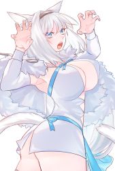 Rule 34 | 1girl, amdamnet, animal ears, armpits, arms up, blue eyes, breasts, cleavage, cloak, dobrynya nikitich (fate), fate/grand order, fate (series), highres, large breasts, looking at viewer, open mouth, ribbon, simple background, solo, tail, white background, white hair
