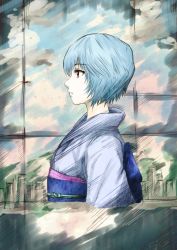 Rule 34 | ayanami rei, bad id, bad pixiv id, blue hair, cibo (killy), cityscape, cloud, japanese clothes, kimono, neon genesis evangelion, pale skin, profile, red eyes, short hair, solo