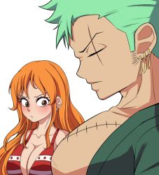 Rule 34 | 1boy, 1girl, bikini, blush, bmkro, breasts, brown eyes, cleavage, closed eyes, closed mouth, collarbone, ear piercing, earrings, green hair, jewelry, large breasts, large pectorals, long hair, looking at another, meme, nami (one piece), one piece, orange hair, girl staring at guys chest (meme), pectorals, piercing, red bikini, roronoa zoro, scar, scar across eye, scar on chest, simple background, swimsuit, white background