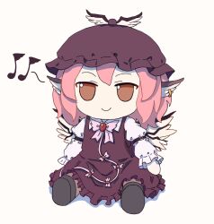 Rule 34 | 1girl, animal ears, bird ears, bird wings, bow, bowtie, brown dress, brown eyes, brown footwear, brown headwear, character doll, closed mouth, collared shirt, commentary request, diggerslk, dress, earrings, eighth note, feathered wings, frilled dress, frilled sleeves, frills, fumo (doll), highres, jewelry, long sleeves, musical note, mystia lorelei, pinafore dress, pink bow, pink bowtie, pink hair, quaver, shirt, short hair, simple background, single earring, sitting, sleeve garter, sleeveless, sleeveless dress, smile, solo, spoken musical note, touhou, white background, white shirt, white wings, winged hat, wings