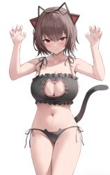 Rule 34 | 1girl, absurdres, animal ear hairband, animal ears, bare shoulders, black bra, black panties, black tail, blush, bra, breasts, brown hair, cat cutout, cat ear hairband, cat ear panties, cat ears, cat lingerie, cat tail, claw pose, clothing cutout, collarbone, commentary request, commission, cowboy shot, fake animal ears, frilled bra, frills, groin, hair between eyes, hairband, highres, korean commentary, large breasts, legs together, looking at viewer, meme attire, mole, mole on thigh, mole under eye, navel, original, panties, prunechi, red eyes, redshark (t373412), second-party source, short hair, side-tie panties, smile, solo, spaghetti strap, standing, stomach, tail, thighs, underwear, white background