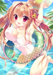Rule 34 | 1girl, :d, amanagi seiji, armpits, arms up, bad id, bad pixiv id, ball, beachball, bouncing breasts, breasts, brown hair, day, fang, highres, innertube, large breasts, one-piece swimsuit, open mouth, original, red eyes, school swimsuit, smile, swim ring, swimsuit, twintails, white one-piece swimsuit, white school swimsuit