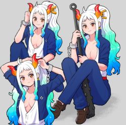 Rule 34 | 1girl, adjusting hair, ahoge, alternate costume, aqua hair, blue jacket, blue pants, breasts, brown footwear, chain, cleavage, club, club (weapon), collarbone, commentary request, cuffs, curled horns, frown, gradient hair, gradient horns, grey background, head tilt, highres, holding, holding weapon, horns, iinano (inanosuke), jacket, kanabou, large breasts, long hair, looking at viewer, multicolored hair, multicolored horns, multiple views, one piece, orange horns, pants, red horns, shackles, shirt, shoes, silver hair, sitting, smile, weapon, white shirt, yamato (one piece)