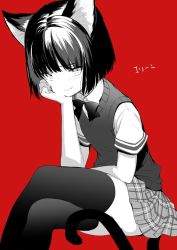 Rule 34 | 1girl, animal ears, arm rest, black hair, black thighhighs, bob cut, cat ears, cat tail, crossed legs, elin, emily (pure dream), head rest, highres, monochrome, red background, school uniform, shirt, short hair, simple background, sitting, skirt, smile, solo, spot color, sweater vest, tail, tail censor, tera online, thighhighs, zettai ryouiki
