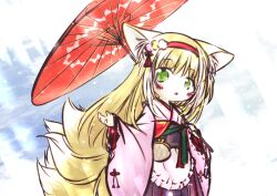 Rule 34 | 1girl, animal ears, apron, arknights, blush stickers, colored tips, commentary request, fox ears, fox girl, fox tail, green eyes, hairband, japanese clothes, kimono, kitsune, kyuubi, long hair, looking at viewer, macha (m alice), multicolored hair, multiple tails, obi, official alternate costume, oil-paper umbrella, parted lips, pink kimono, red hairband, red umbrella, sash, solo, suzuran (arknights), suzuran (yukibare) (arknights), tail, two-tone hair, umbrella, waist apron, white apron, white hair