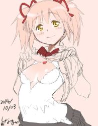 Rule 34 | 10s, 1girl, blush, breasts, cleavage, clothes lift, dress, gloves, kaname madoka, looking at viewer, mahou shoujo madoka magica, mahou shoujo madoka magica (anime), pink hair, school uniform, shinama, short twintails, skirt, skirt lift, small breasts, smile, solo, twintails, ultimate madoka, white gloves, yellow eyes