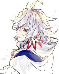 Rule 34 | 1boy, ahoge, closed mouth, colored eyelashes, commentary request, fate (series), hagiwara daisuke, long hair, male focus, merlin (fate), purple hair, sideways glance, solo, upper body, white background, white hair