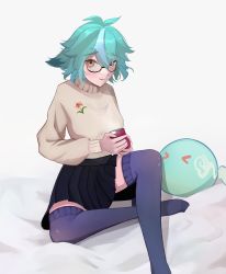 Rule 34 | &gt; &lt;, 1girl, absurdres, black skirt, blush, breasts, brown sweater, casual, contemporary, cup, derivative work, genshin impact, glasses, green hair, hair between eyes, highres, holding, holding cup, hyafumi, looking at viewer, medium breasts, mug, short hair, sitting, skirt, solo, stuffed toy, sucrose (genshin impact), sweater, thighhighs, yellow eyes