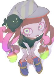 Rule 34 | 1girl, black shirt, blonde hair, clownfish, colored eyelashes, d:, drooling, fish, frown, green eyes, green hair, green skirt, harmony&#039;s clownfish (splatoon), harmony (splatoon), hat, highres, hossi, low twintails, miniskirt, multicolored eyes, multicolored footwear, multicolored hair, nintendo, no nose, open mouth, pink eyes, pink hair, purple pupils, shirt, shoes, short sleeves, sideways hat, simple background, skirt, sneakers, splatoon (series), splatoon 3, standing, striped clothes, striped headwear, tentacle hair, tropical fish, twintails, v arms, white background