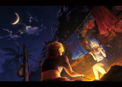 Rule 34 | 1boy, 1girl, blonde hair, blue hair, boned meat, campfire, clothesline, cloud, cooking, crescent moon, crop top, dark, dutch angle, eating, closed eyes, food, knees together feet apart, laundry, letterboxed, long hair, meat, midriff, mocha (cotton), moon, night, night sky, open mouth, original, outdoors, palm tree, pouch, short hair, short sleeves, sitting, skirt, sky, stick, technoheart, tree
