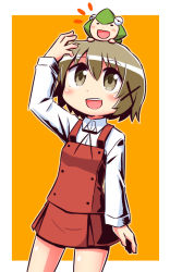 Rule 34 | 1girl, :d, arm up, blush, brown eyes, brown hair, collared shirt, commentary request, cowboy shot, hair ornament, hidamari sketch, long sleeves, looking away, looking up, naga u, notice lines, on head, open mouth, orange background, pleated skirt, red skirt, red vest, school uniform, shirt, skirt, sleeves past wrists, smile, two-tone background, ume-sensei, vest, white background, white shirt, x hair ornament, yuno (hidamari sketch)