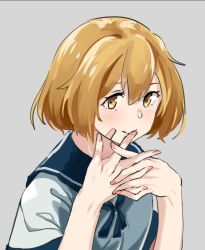 Rule 34 | 1girl, bandaid, bandaid on face, brown hair, doushi tatsu to dekkai no, finger to mouth, grey background, interlocked fingers, kantai collection, looking at viewer, oboro (kancolle), own hands together, school uniform, serafuku, short hair, simple background, smile, solo, upper body