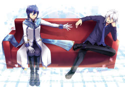 Rule 34 | 2boys, ahoge, aqua eyes, aqua hair, arm support, blue eyes, blue hair, blue scarf, boots, caffein, cigarette, collarbone, couch, fish, full body, gloves, head rest, headphones, highres, honne dell, kaito (vocaloid), kaito (vocaloid3), long sleeves, looking at viewer, male focus, multiple boys, necktie, on couch, outstretched arm, ponytail, red eyes, scarf, short hair, silver hair, sitting, smoking, vocaloid, white gloves