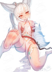Rule 34 | 1girl, animal ears, barefoot, blush, feet, foot focus, fox tail, kitsune, leg up, long hair, looking away, parted lips, ponytail, pov, red eyes, soles, tail, toes, white hair