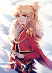 Rule 34 | 1girl, :d, absurdres, black dress, blonde hair, blurry, blurry background, blurry foreground, cape, depth of field, dress, epaulettes, fang, fate/grand order, fate (series), fur-trimmed cape, fur trim, gloves, green eyes, high ponytail, highres, holding, holding sword, holding weapon, jacket, long sleeves, looking at viewer, mordred (fate), mordred (fate/apocrypha), open mouth, ponytail, red cape, red jacket, sidelocks, smile, solo, sword, weapon, white gloves, yorukun
