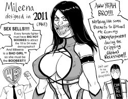 Rule 34 | 1girl, 2boys, abs, absurdres, armlet, bb (baalbuddy), breasts, center opening, colored sclera, commentary, covered erect nipples, english commentary, english text, glasgow smile, greyscale, highres, idolmaster, large breasts, leotard, long hair, mileena (mortal kombat), monochrome, monster girl, mortal kombat (series), mortal kombat 9, multiple boys, navel, ninja, no bra, nose, open mouth, p-head producer, parody, producer (idolmaster), revealing clothes, sharp teeth, slit pupils, solo focus, speech bubble, teeth, truth, warner bros