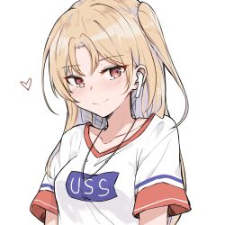 Rule 34 | 1girl, alternate costume, azur lane, blonde hair, blush, casual, cleveland (azur lane), collarbone, commentary request, contemporary, earbuds, earphones, heart, highres, jewelry, long hair, looking at viewer, mango (mgo), necklace, one side up, red eyes, shirt, short sleeves, simple background, smile, solo, t-shirt, upper body, white background