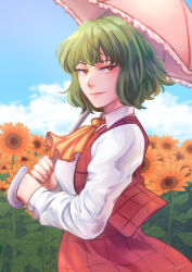 Rule 34 | 1girl, ascot, blue sky, breasts, cloud, collared shirt, commentary request, cowboy shot, day, eyebrows, eyelashes, field, flower, flower field, frilled umbrella, frills, from side, garden of the sun, green hair, half-closed eyes, hands up, highres, holding, holding umbrella, kazami yuuka, large breasts, leaf, lips, long skirt, long sleeves, looking away, looking to the side, nose, orange eyes, orange flower, outdoors, parasol, pink lips, plaid, plaid skirt, plaid vest, plant, realmokouze, red eyes, red skirt, red vest, shirt, short hair, signature, skirt, skirt set, sky, smirk, solo, sunflower, sunflower field, touhou, tsurime, umbrella, vest, watermark, wavy hair, white shirt, wing collar, yellow ascot