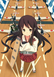 Rule 34 | 10s, 1girl, aichi d3a, aircraft, aircraft carrier, airplane, akagi (kancolle), brown eyes, brown hair, crossed arms, flight deck, grin, gunbuster pose, hatomaru, japanese clothes, kantai collection, long hair, looking at viewer, military, military vehicle, personification, sandals, ship, smile, solo, warship, water, watercraft, zouri