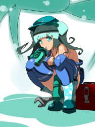 Rule 34 | 1girl, blue eyes, blue hair, blue thighhighs, breasts, female focus, gloves, hair bobbles, hair ornament, highres, kawashiro nitori, key, matching hair/eyes, medium breasts, nature, plant, short hair, solo, squatting, tamuhi, thighhighs, touhou, twintails, two side up, wrench