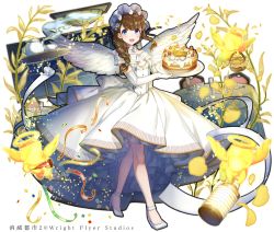 Rule 34 | 1girl, :d, blue eyes, braid, brown hair, cake, cherub, dress, elbow gloves, food, full body, gloves, halo, hat, long hair, looking at viewer, mob cap, official art, open mouth, plate, shirako miso, shoumetsu toshi 2, smile, solo, teapot, white dress, white footwear, white wings, wings