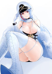 Rule 34 | 1girl, absurdres, alternate costume, azur lane, boots, breasts, cl (summer sama), elbow gloves, fur collar, gloves, hand on headwear, highres, large breasts, long hair, looking at viewer, mole, mole on breast, multicolored hair, red eyes, silver hair, sitting, smile, solo, tallinn (azur lane), thigh boots, thighhighs, white background, white footwear, white gloves