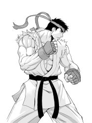 Rule 34 | absurdres, capcom, fighting stance, greyscale, highres, kazue, male focus, monochrome, ryu (street fighter), solo, stance, street fighter