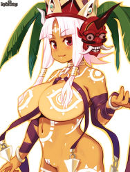 Rule 34 | 1girl, between breasts, bracelet, breasts, choker, cleft of venus, cowboy shot, facial mark, forehead mark, hair censor, hair over breasts, jewelry, large breasts, logo, long hair, looking at viewer, mask, navel, non-web source, official art, pink hair, psychic hearts, red eyes, revealing clothes, ryoji (nomura ryouji), smile, solo
