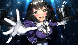 Rule 34 | 10s, 1girl, black eyes, black hair, blush, breasts, bubble, gloves, haguro (kancolle), hair ornament, kantai collection, looking at viewer, neo-masterpeacer, open mouth, outstretched hand, pantyhose, short hair, solo, tears, underwater, uniform, white gloves, white pantyhose