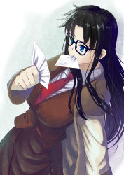 Rule 34 | 1girl, absurdres, black-framed eyewear, black hair, blue eyes, breasts, brown vest, coat, commentary request, cowboy shot, dutch angle, glasses, hair intakes, highres, holding, holding paper, large breasts, long hair, long sleeves, messy hair, miso oden, mouth hold, necktie, paper, parted bangs, read or die, red necktie, simple background, solo, vest, waistcoat, yomiko readman