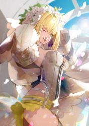 Rule 34 | 1girl, ;d, belt, blonde hair, blurry, breasts, cloud, corset, day, depth of field, detached sleeves, fate/grand order, fate (series), feathers, flower, from side, green eyes, hair flower, hair intakes, hair ornament, leotard, long hair, looking at viewer, medium breasts, nero claudius (bride) (fate), nero claudius (bride) (second ascension) (fate), nero claudius (fate), nero claudius (fate) (all), nido celisius, one eye closed, open mouth, petals, sidelocks, skirt, smile, solo, sun, teeth, thighhighs, veil, white skirt, zipper