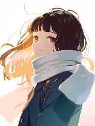 Rule 34 | 1girl, blue jacket, brown eyes, brown hair, closed mouth, commentary, hana moto, highres, jacket, light smile, long hair, original, scarf, simple background, solo, upper body, white background, white scarf