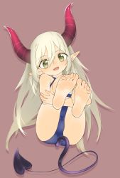 Rule 34 | 1girl, barefoot, brown eyes, demon girl, demon horns, demon tail, emma august, fang, feet, female focus, foot focus, hair between eyes, highres, horns, hugging own legs, long hair, lying, nijisanji, on back, one-piece swimsuit, open mouth, pointy ears, purple background, satsuyo, simple background, soles, solo, swimsuit, tail, toes, virtual youtuber, white hair