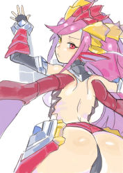 Rule 34 | 1girl, against wall, armor, ass, back, bad id, bad pixiv id, bare shoulders, black gloves, dragon girl, dragon horns, dragon wings, elbow gloves, fingerless gloves, fins, from behind, gloves, halterneck, head fins, henry bird 9, heterochromia, horns, leaning, leaning forward, leotard, long hair, looking at viewer, looking back, purple hair, puzzle &amp; dragons, red eyes, solo, sonia (p&amp;d), wings, yellow eyes