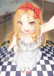 Rule 34 | 10s, 1girl, :d, apron, arm up, bare arms, bare shoulders, blonde hair, blurry, blush, bow, checkered floor, collarbone, depth of field, desk lamp, drill hair, drill sidelocks, eromanga sensei, fisheye, frilled apron, frills, goruva, groin, hair bow, hairband, highres, holding, indoors, ladle, lamp, long hair, looking at viewer, naked apron, open mouth, perspective, pov, red bow, red eyes, red hairband, sidelocks, slippers, smile, solo, stairs, standing, white apron, yamada elf