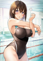 Rule 34 | 1girl, ?, black one-piece swimsuit, blue eyes, blush, breasts, brown hair, competition swimsuit, hawawa-chan (shiro kuma shake), highres, indoors, lane line, large breasts, looking at viewer, one-piece swimsuit, original, pool, reflection, shiro kuma shake, short hair, solo, sunlight, swimsuit, water, window