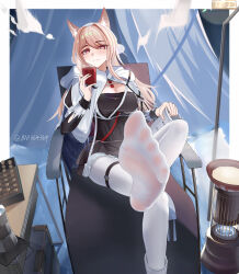 Rule 34 | 1girl, absurdres, animal ears, arknights, bm (bm364364), boots, unworn boots, coffee mug, crossed legs, cup, feet, highres, holding, holding shoes, light blush, long hair, looking at viewer, mug, pantyhose, pozyomka (arknights), red eyes, shoes, unworn shoes, sitting, soles, toes, white pantyhose