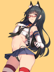 Rule 34 | 1girl, anal tail, animal ear fluff, animal ears, asashio (kancolle), backpack, bag, bell, black hair, black neckerchief, black panties, blue sailor collar, blue skirt, breasts, butt plug, cat tail, closed mouth, collar, commentary request, cosplay, elbow gloves, fake animal ears, fake tail, glasses, gloves, highleg, highleg panties, highres, holding, holding tail, kantai collection, long hair, looking at viewer, microskirt, neck bell, neckerchief, orange background, panties, pleated skirt, randoseru, red-framed eyewear, red collar, sailor collar, sex toy, shimakaze (kancolle), shimakaze (kancolle) (cosplay), sidelocks, skirt, small breasts, solo, striped clothes, striped thighhighs, sweat, tail, thighhighs, torisan, underwear, very long hair, white gloves
