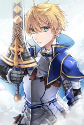 Rule 34 | 1boy, armor, arthur pendragon (fate), blonde hair, blue cape, breastplate, cape, excalibur (fate/prototype), fate/prototype, fate (series), gauntlets, green eyes, hair between eyes, holding, holding sword, holding weapon, looking to the side, male focus, parted lips, shiao, solo, sword, upper body, weapon