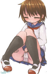 Rule 34 | 1girl, artist name, between legs, black socks, blouse, blue sailor collar, blue skirt, blush, borrowed character, brown hair, cameltoe, closed eyes, closed mouth, dated, embarrassed, female focus, flat chest, full body, hand between legs, have to pee, kneehighs, knees together feet apart, knees up, long sleeves, miniskirt, neckerchief, nervous, original, panties, pantyshot, pigeon-toed, pleated skirt, red neckerchief, sailor collar, shirt, shoes, short hair, sidelocks, signature, simple background, sitting, skirt, socks, solo, split mouth, ugogogesik, underwear, upskirt, v-shaped eyebrows, white background, white footwear, white panties, white shirt