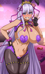 Rule 34 | 1girl, adapted costume, areola slip, bare shoulders, bb (fate), bb (fate) (all), bb (swimsuit mooncancer) (fate), bb (swimsuit mooncancer) (second ascension) (fate), bead bracelet, beads, black gloves, black pantyhose, blush, bracelet, breasts, dark-skinned female, dark skin, fate/grand order, fate (series), fingerless gloves, gloves, hair ornament, hair ribbon, hairband, jewelry, large breasts, long hair, looking at viewer, meme attire, muta poo, navel, neck ribbon, pantyhose, purple eyes, purple hair, reverse bunnysuit, reverse outfit, ribbon, solo, star (symbol), star hair ornament, tan, thighs, very long hair