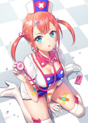Rule 34 | 1girl, :o, aqua eyes, bandaid, bandaid on arm, bandaid on leg, between legs, blush, bow, breasts, buttons, checkered floor, cleavage, commentary request, cross hair ornament, crossed bandaids, dated, detached collar, double-breasted, dress, from above, gloves, hair ornament, hand between legs, hat, heart, high heels, highres, holding, looking at viewer, looking up, medium breasts, multicolored clothes, multicolored dress, nurse, nurse cap, on floor, orange hair, original, parted lips, pill, pink bow, polka dot, polka dot gloves, short dress, short hair, short sleeves, short twintails, signature, sitting, skindentation, solo, stethoscope, thighhighs, twintails, wariza, wedo, white footwear, white gloves, white thighhighs