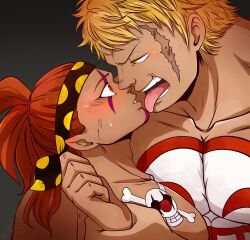 2boys absurdres bakushou_(samayajonna) bara bellamy blonde_hair blush couple dark-skinned_male dark_skin donquixote_doflamingo_jolly_roger eye_contact face-to-face facial_hair french_kiss headband highres hyena_(samayajonna) kiss large_pectorals looking_at_another male_focus multiple_boys muscular muscular_male nipples nude one_piece original pectoral_cleavage pectorals red_eyes scar short_hair sideburns_stubble solo_focus stubble surprise_kiss surprised tongue tongue_out upper_body yaoi