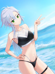 Rule 34 | 1girl, absurdres, asymmetrical bangs, bare shoulders, bikini, black bikini, breasts, closed mouth, collarbone, commission, eiyuu densetsu, fie claussell, green eyes, grey hair, groin, hair between eyes, hand on own chest, hand up, highres, horizon, kuro no kiseki, long sleeves, looking at viewer, low ponytail, multi-strapped bikini, navel, ocean, outdoors, pixiv commission, sidelocks, sjuno, small breasts, solo, swimsuit, thigh strap, v, water, waves