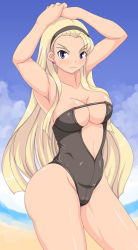 Rule 34 | 1girl, :3, armpits, arms up, beach, blonde hair, blue eyes, breasts, center opening, cleavage, day, dorothy catalonia, earrings, eyebrows, forked eyebrows, gundam, gundam wing, hairband, jewelry, kihaiu, large breasts, long hair, one-piece swimsuit, stud earrings, swimsuit, underboob