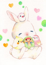 Rule 34 | :3, animal, animal focus, bird, rabbit, chibi, chibi on head, closed mouth, commentary request, ears up, closed eyes, friends, heart, highres, holding, hug, no humans, on head, original, painting (medium), simple background, sinsousui, sitting, traditional media, watercolor (medium), white background