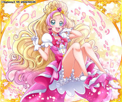 Rule 34 | 1girl, ankle boots, blonde hair, bloomers, blue eyes, boots, bow, commentary, cure flora, dated, dress, earrings, floating, gloves, go! princess precure, gradient hair, half-dress, hand in own hair, hanzou, haruno haruka, high heel boots, high heels, highres, index finger raised, jewelry, long hair, looking at viewer, magical girl, miniskirt, multicolored hair, open mouth, pink bow, pink dress, pink hair, pink skirt, precure, skirt, smile, solo, streaked hair, swept bangs, tiara, twitter username, two-tone hair, underwear, very long hair, waist bow, white footwear, white gloves