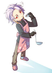 Rule 34 | 1boy, apron, black gloves, black sweater, bowl, brown pants, chinese commentary, commentary request, earrings, fengtian (artist), full body, gloves, highres, holding, holding bowl, holding ladle, jewelry, ladle, long sleeves, male focus, multicolored hair, notice lines, pants, parted lips, pink apron, pink footwear, pink hair, purple hair, red eyes, saibou shinkyoku, short hair, slippers, socks, solo, sweater, theodore riddle, turtleneck, turtleneck sweater, white socks