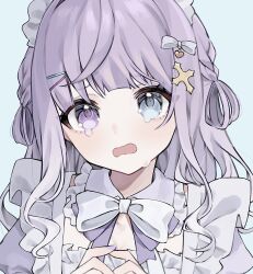 Rule 34 | 1girl, blue background, blue eyes, bow, bowtie, commentary, commission, cross hair ornament, crying, hair ornament, heterochromia, highres, indie virtual youtuber, mutsuki ciel, open mouth, purple eyes, purple hair, simple background, skeb commission, solo, symbol-only commentary, virtual youtuber, white bow, white bowtie, yuuki hajime